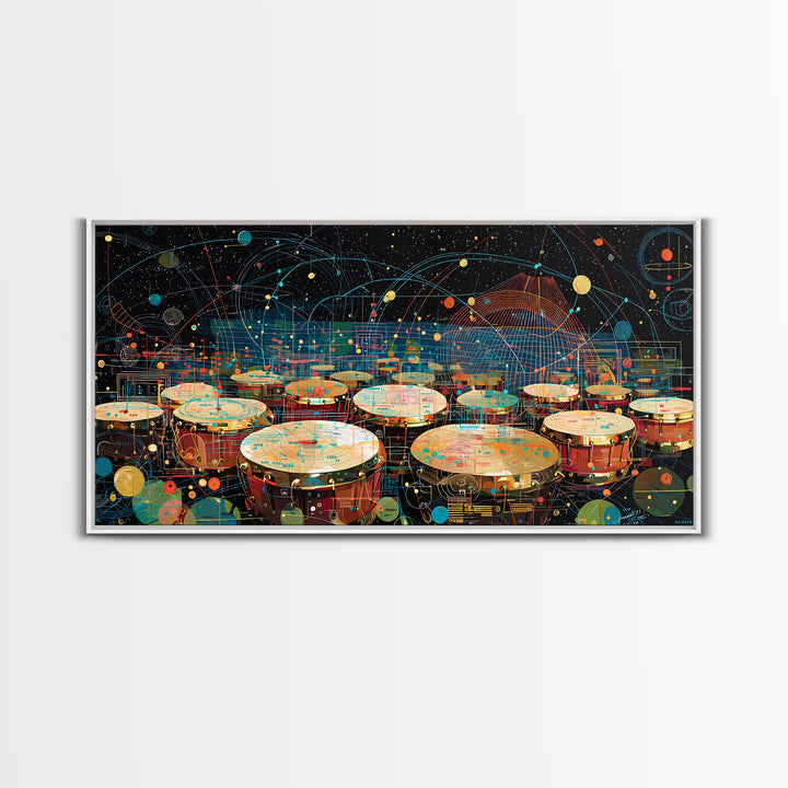 Futuristic Afro Drums Under Cosmic Orbits Canvas Print, Modern African Art, Music Room Decor, Afrofuturism Decor, Bold Art