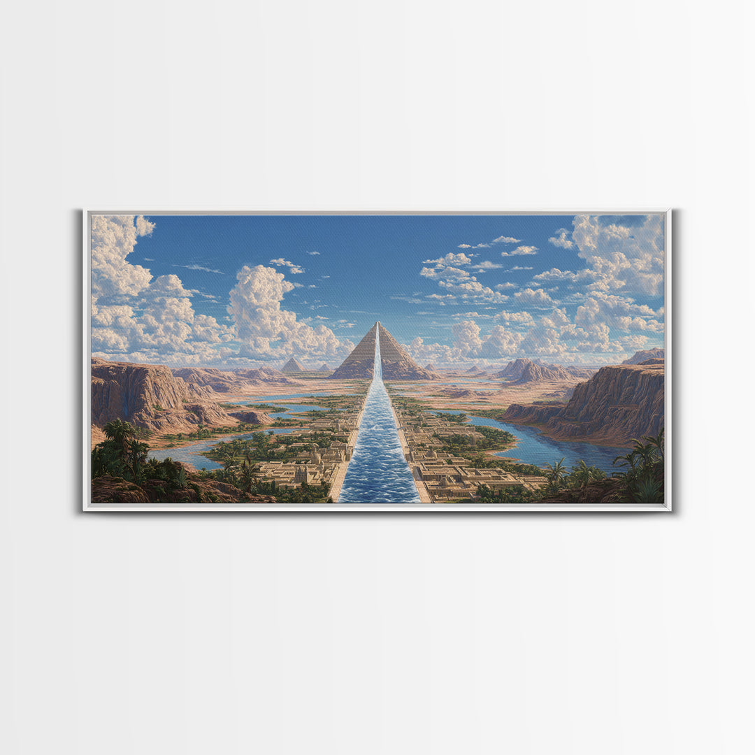Sunlit Pyramids And River Oasis Canvas Print, African Egyptian Art, Landscape Wall Art, Travel Poster, Elegant Home Decor