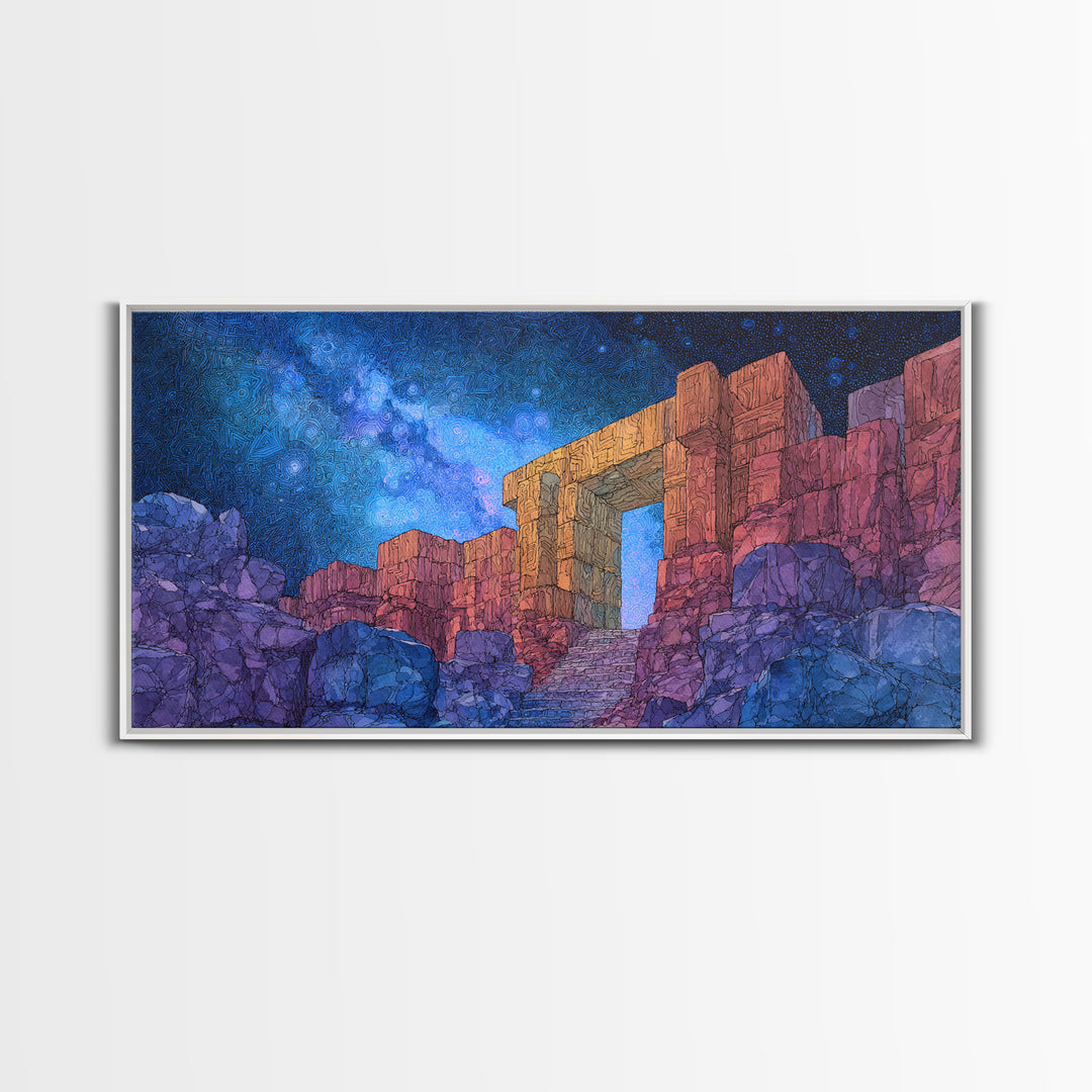 Ancient Desert Ruins Under Starry Blue Sky Wall Art, Mystical Temple Landscape, Boho Home Decor, Fantasy Travel Poster Print