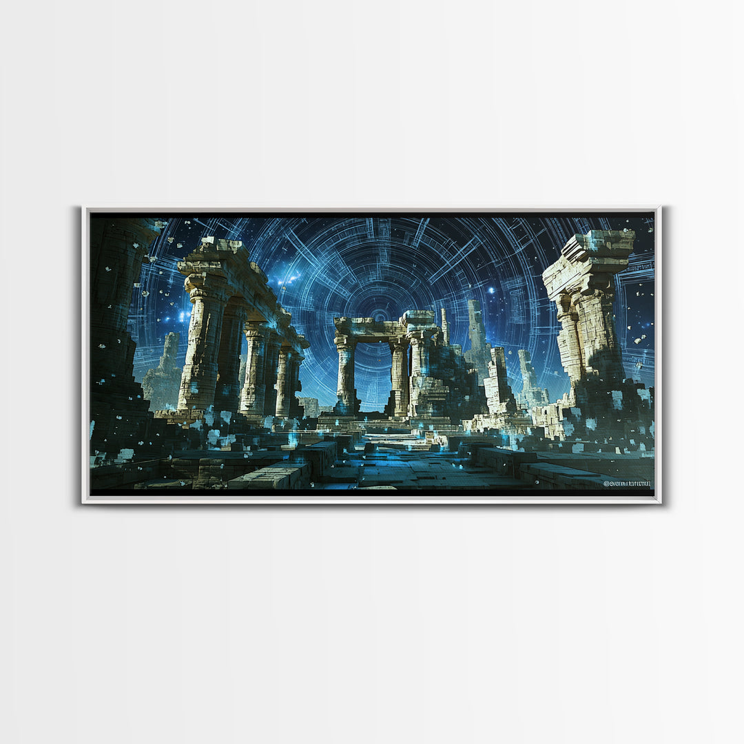 Glowing Futuristic Temple Columns In Blue Starlight Canvas Print, Sci Fi Ruins Wall Art, Modern Fantasy Home Decor, Celestial Poster