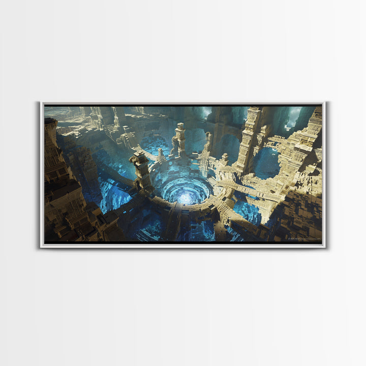 Vast Circular Ancient City With Blue Abyss Framed Canvas Print, Futuristic Ruins Wall Art, Luxury Fantasy Home Decor, Sci Fi Architecture