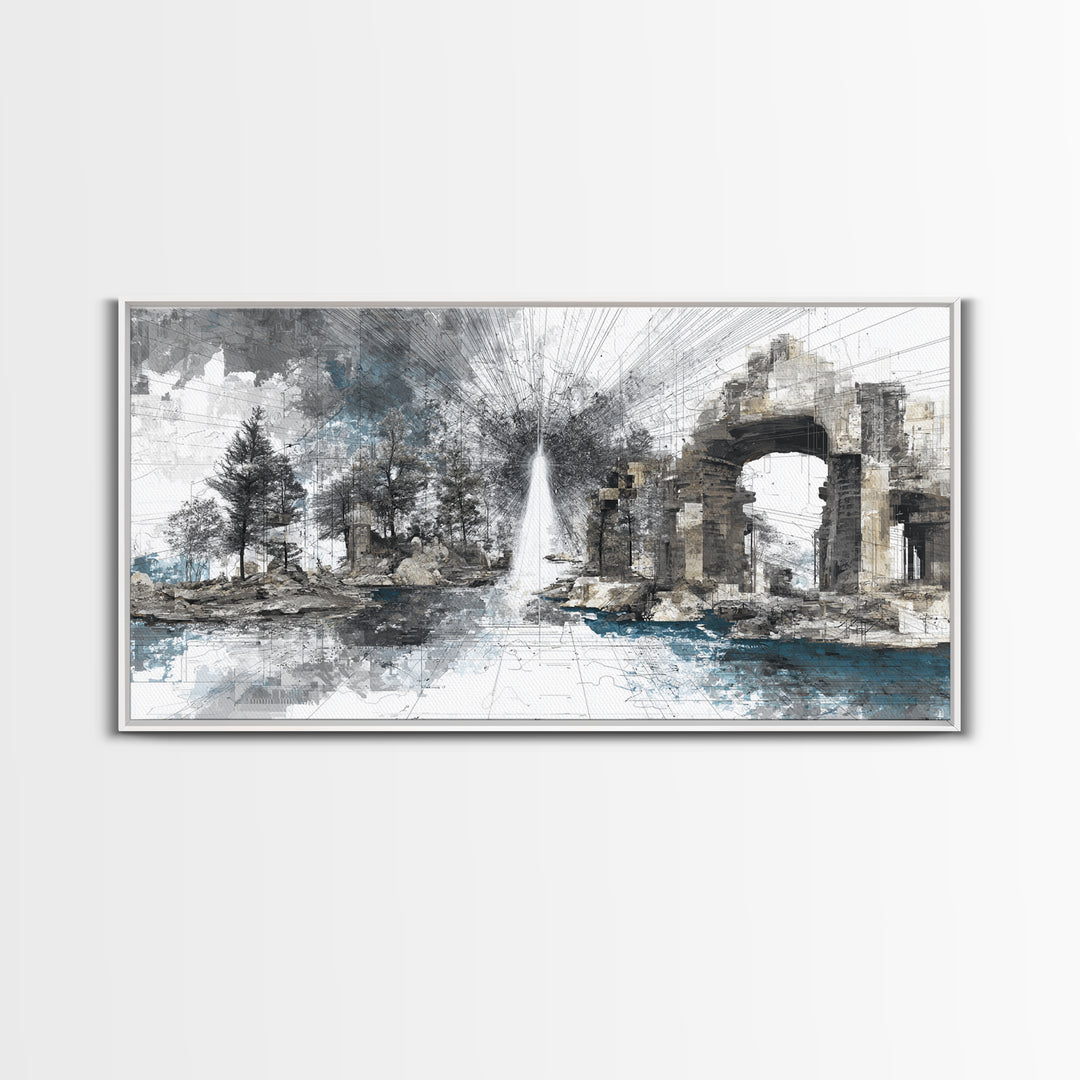White Fountain Light Beside Ruined Stone Arch Wall Art, Minimalist Landscape, Black And White Office Decor Canvas Print Poster