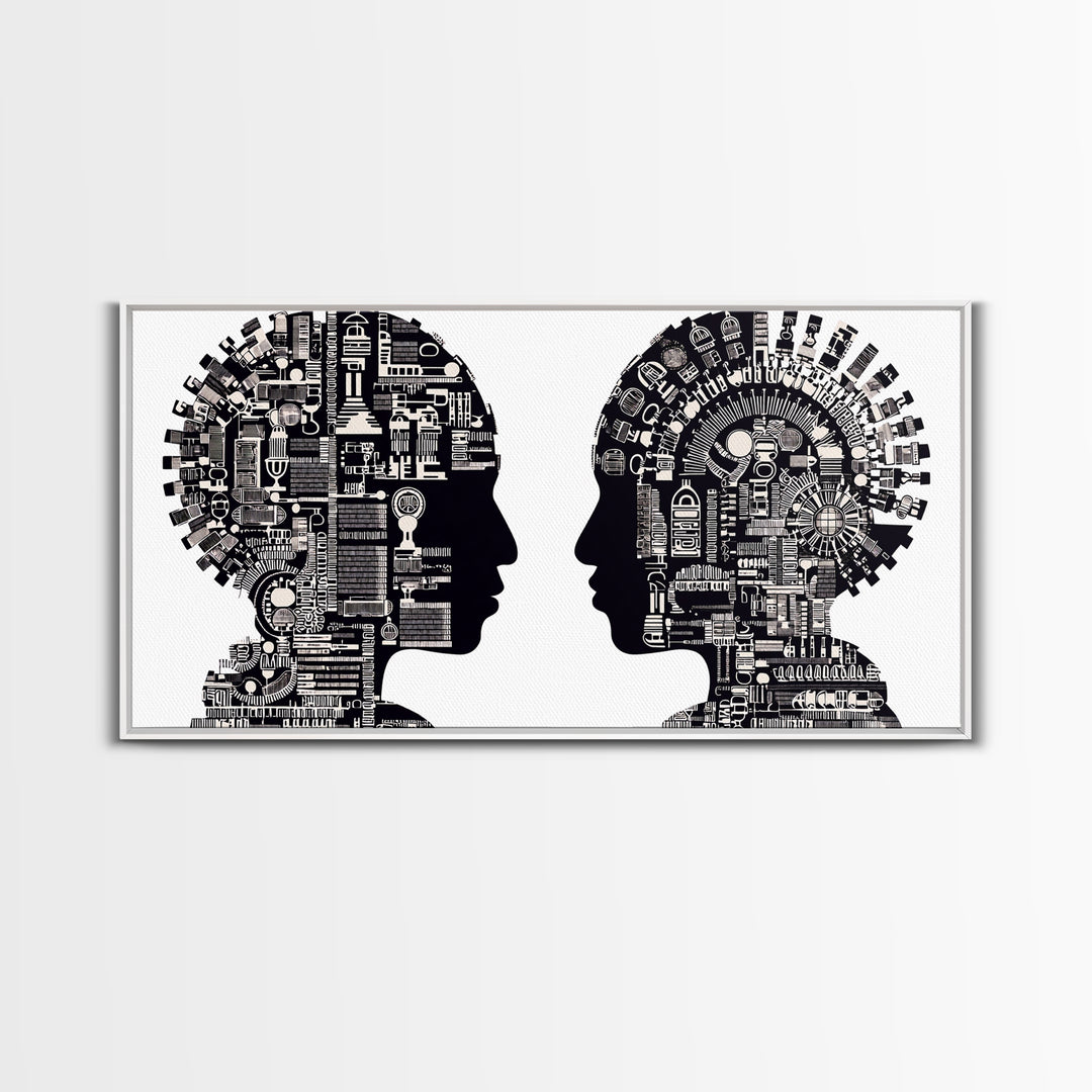 Black And White Profile Faces With Mechanical City Patterns Wall Art, Geometric Portrait Canvas Print, Modern Office Decor