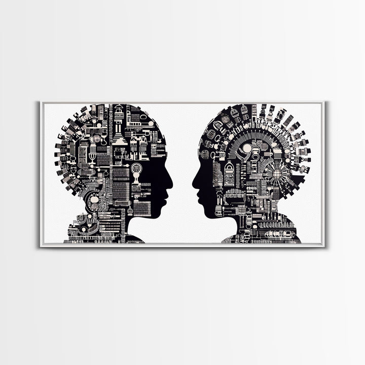Black And White Profile Faces With Mechanical City Patterns Wall Art, Geometric Portrait Canvas Print, Modern Office Decor