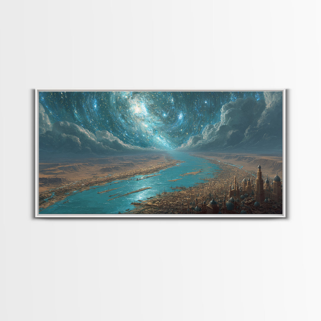 Cosmic Nile River City Under Swirling Galaxy Wall Art, Egyptian Inspired Landscape Canvas Print, Luxury Home Decor Poster