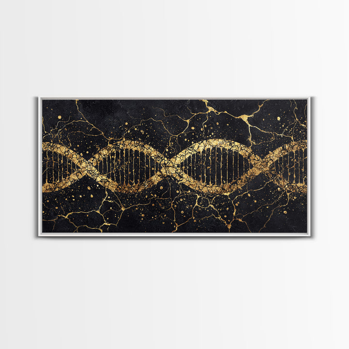 Gold DNA Helix On Black Marble Canvas Print, Science Inspired Abstract Wall Art, Modern Biology Decor, Luxury Office Artwork