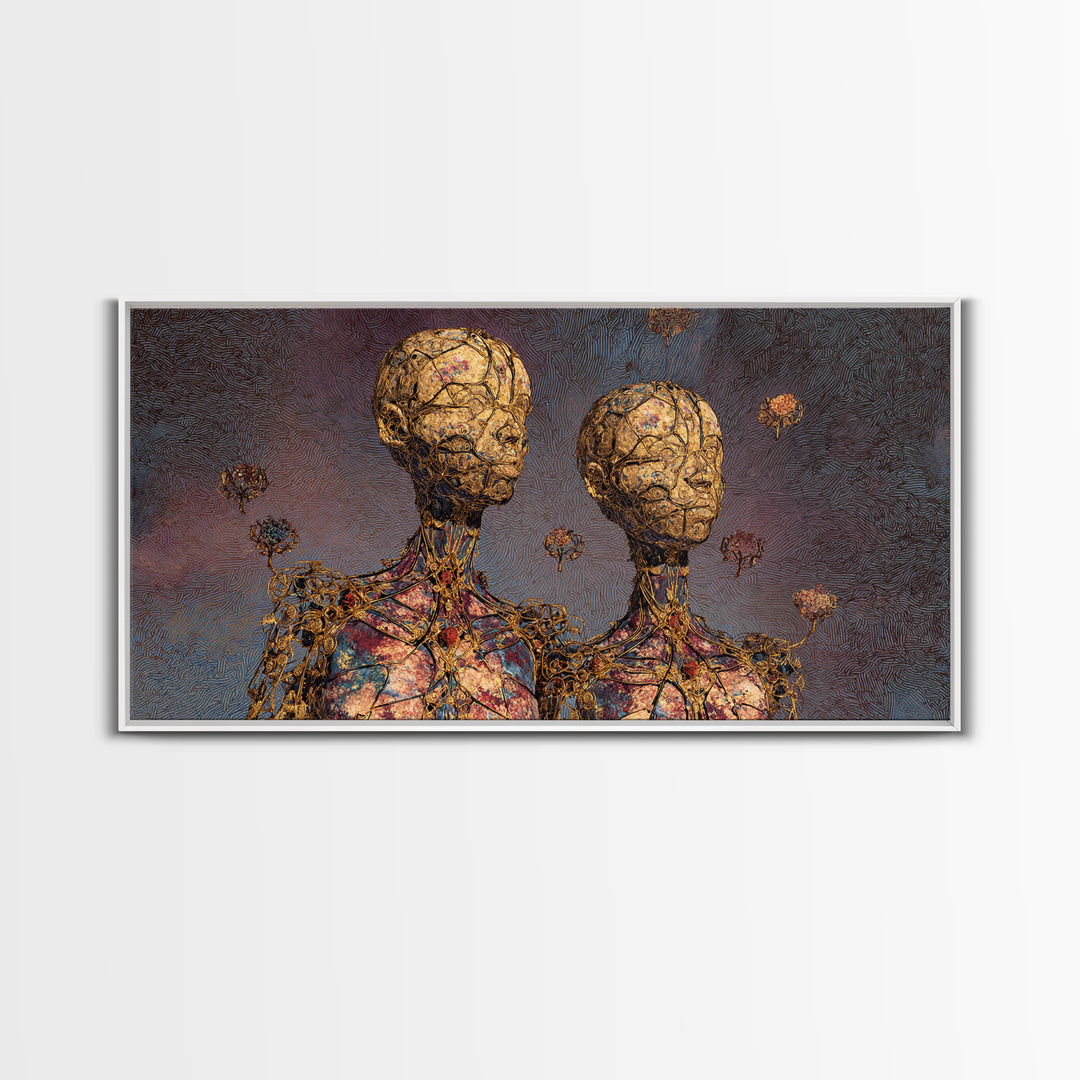 Golden Twin Figures With Floral Orbs Framed Canvas Print, Afrofuturism Decor, Abstract Portrait Wall Art, Luxury Home Decor