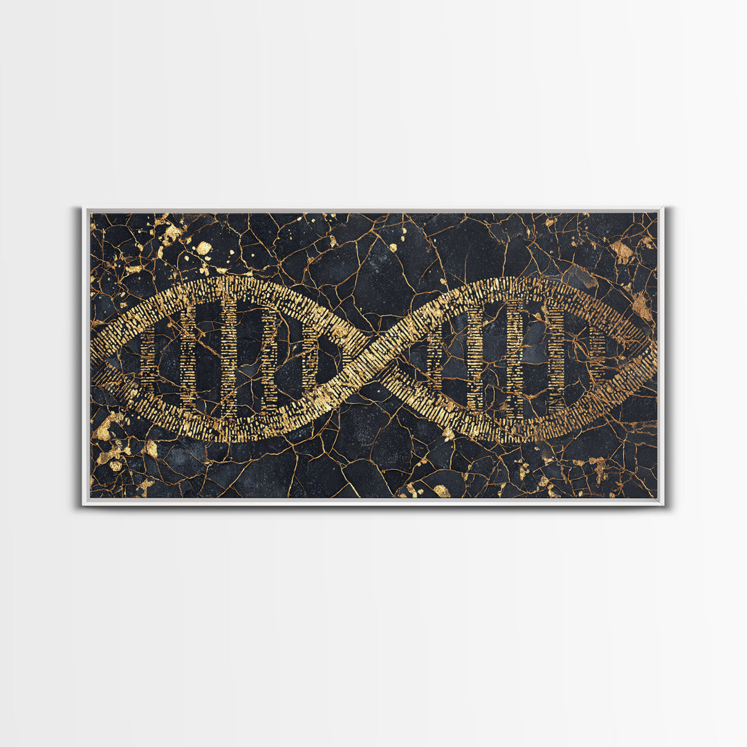 Ancient Gold DNA Strand Canvas Print, Black Marble Science Wall Art, Abstract Biology Decor, Luxury Modern Office Artwork