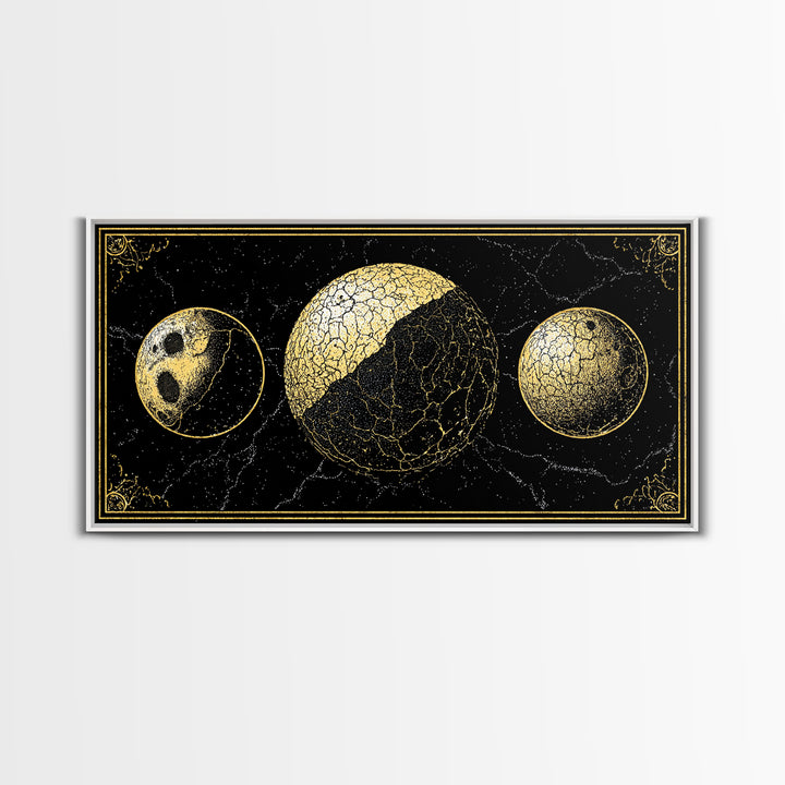 Gold Moon Phase Triptych Wall Art, Black Celestial Canvas Print, Lunar Astronomy Decor, Mystical Black And Gold Home Decor Gift