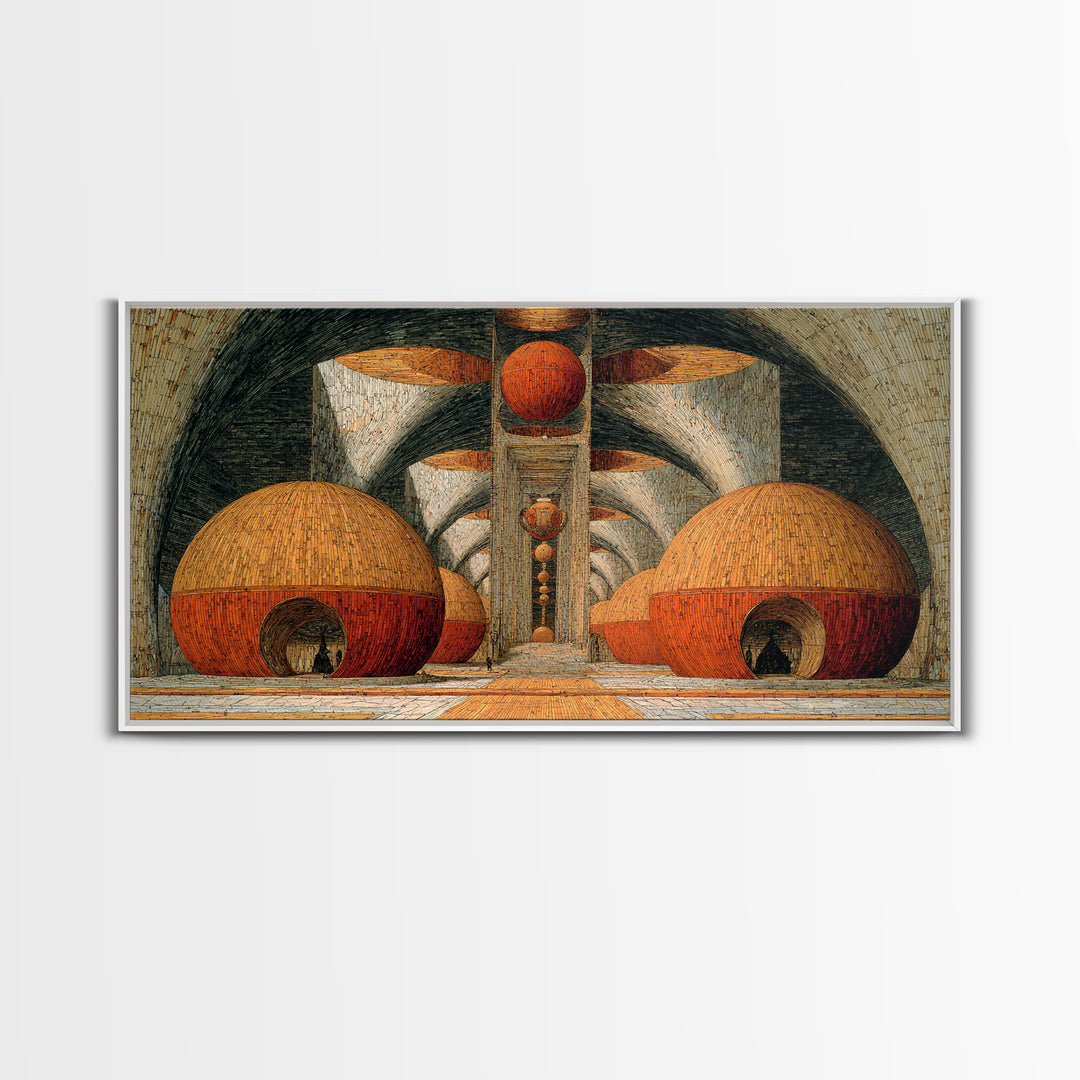 Abstract Orange Domes In Arched Hall Framed Canvas Print, Modern African Art Abstract, Geometric Wall Art, Bold Home Decor
