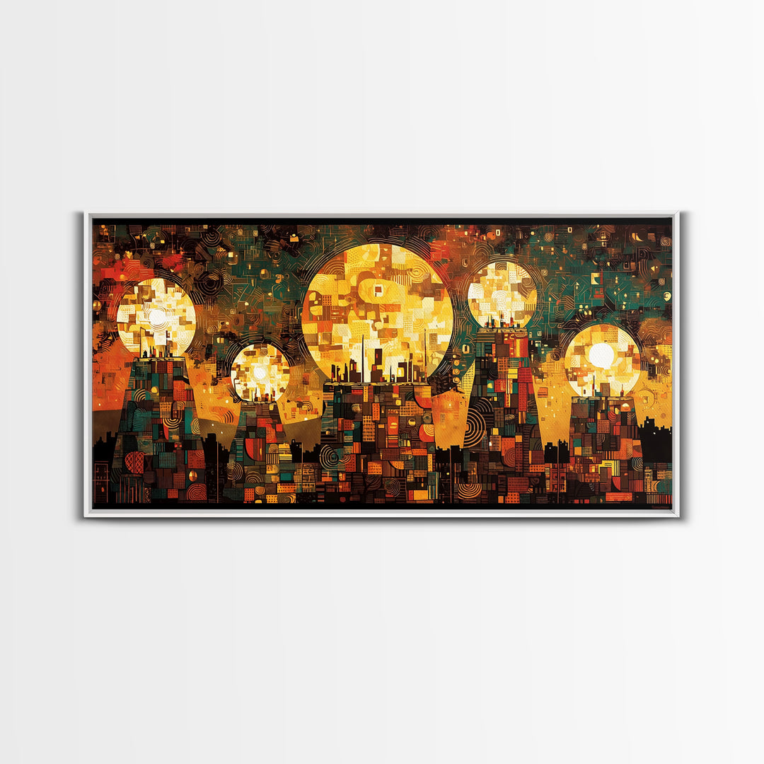 Golden Sun Mosaic City Wall Art, Abstract African Art Decor, Teal And Orange Canvas Print, Cultural Wall Art, Vibrant Decor