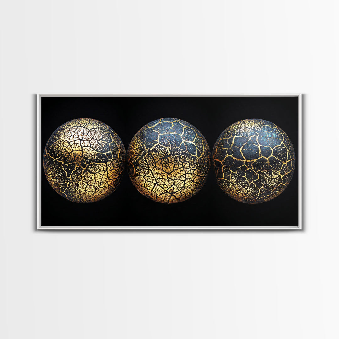 Three Cracked Gold Blue Planets Canvas Print, Celestial Abstract Wall Art, Black And Gold Art, Luxury Canvas Art, Office Decor