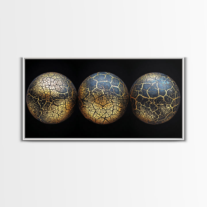 Three Cracked Gold Blue Planets Canvas Print, Celestial Abstract Wall Art, Black And Gold Art, Luxury Canvas Art, Office Decor