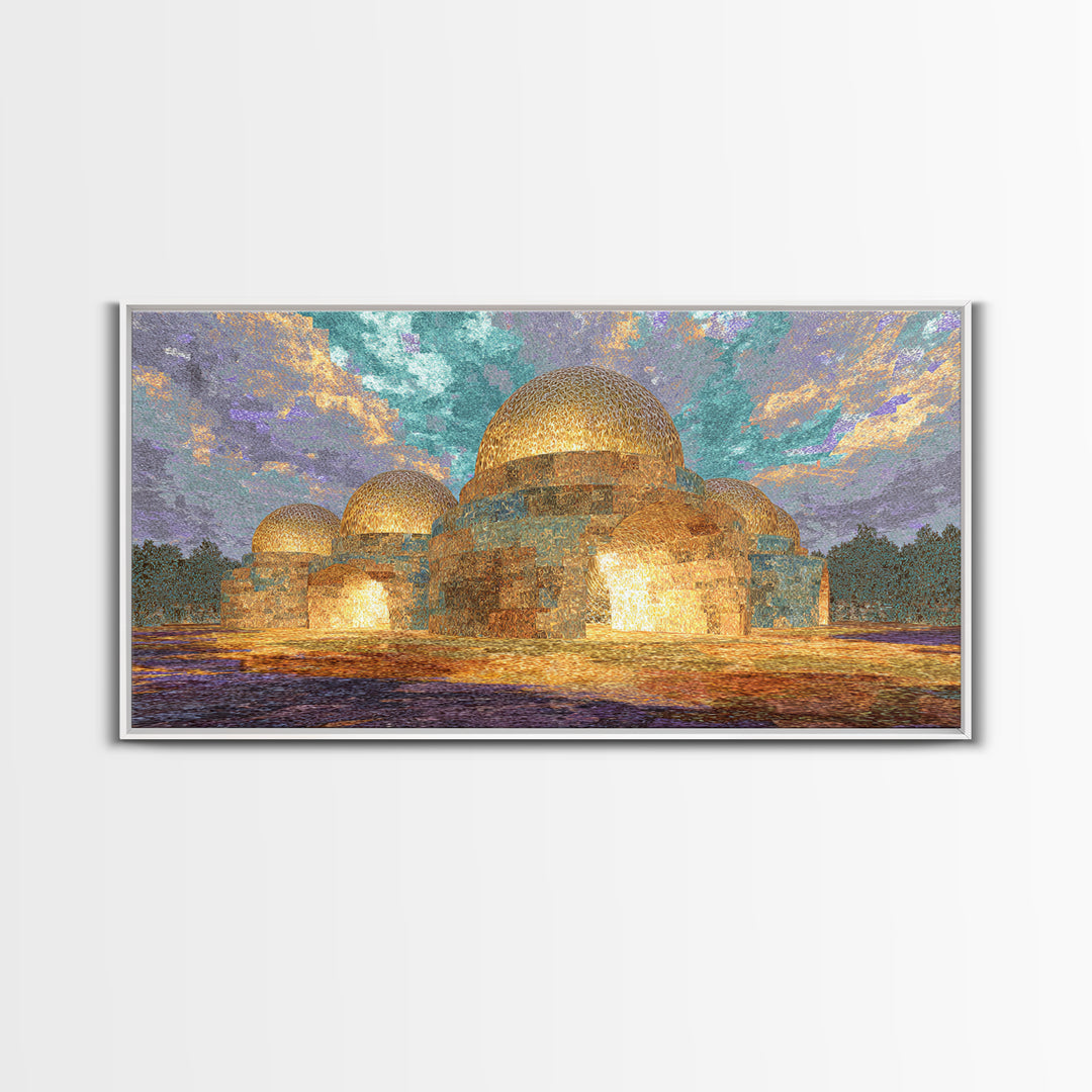 Glowing Golden Dome Palace Canvas Print, Dreamy Wall Art, African Inspired Architecture, Teal And Gold Decor, Elegant Home Art