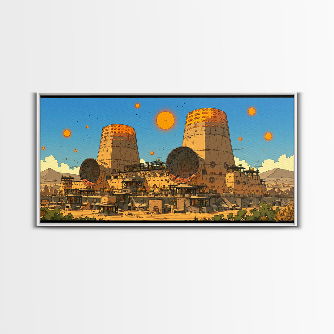 Desert Towers And Orange Suns Wall Art, Sci Fi African Inspired Settlement, Canvas Print, Modern Wall Decor, Unique Home Decor