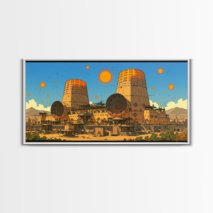Desert Towers And Orange Suns Wall Art, Sci Fi African Inspired Settlement, Canvas Print, Modern Wall Decor, Unique Home Decor