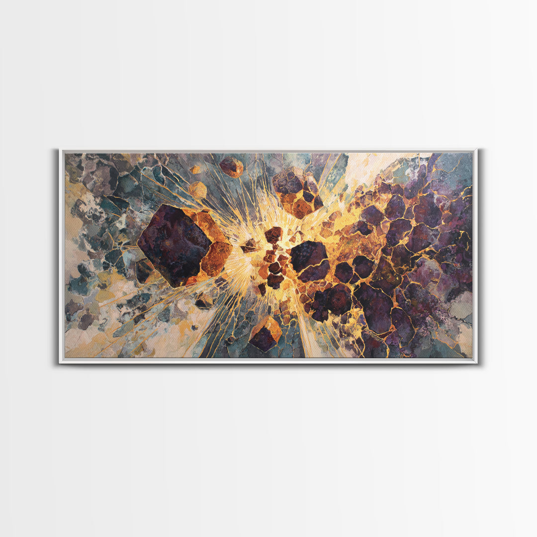 Exploding Gemstone Abstract Wall Art, Modern African Art Canvas Print, Gold Crackle Luxury Decor, Cosmic Statement Artwork