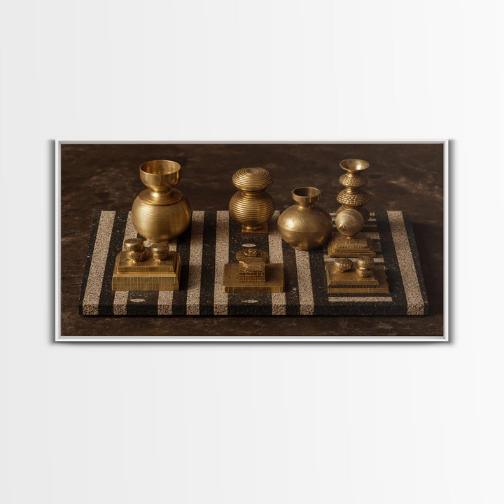 Golden Vessels On Striped Textile Wall Art, African Home Decor Canvas Print, Tribal Gold Still Life, Elegant Office Decor