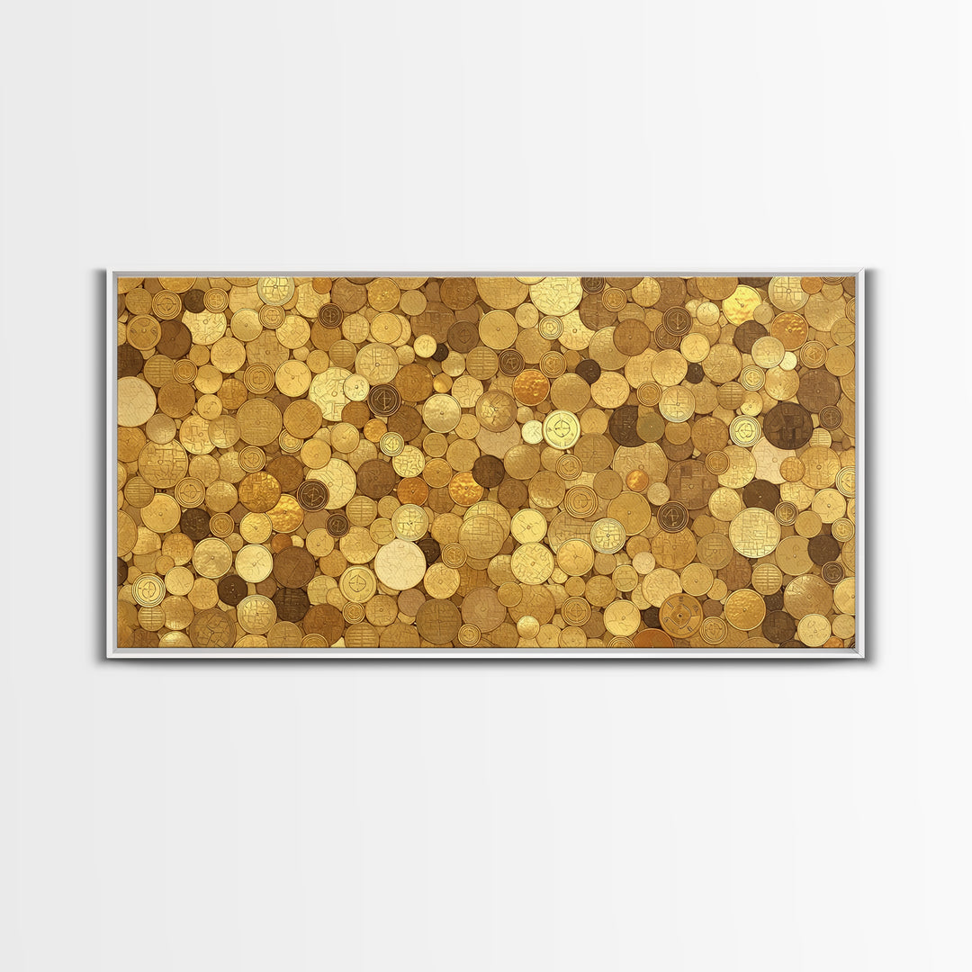 Golden Coin Disc Mosaic Wall Art, African Inspired Canvas Print, Textured Art Print, Gold Circle Pattern Home Decor Gift