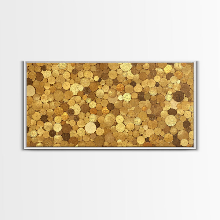 Golden Coin Disc Mosaic Wall Art, African Inspired Canvas Print, Textured Art Print, Gold Circle Pattern Home Decor Gift