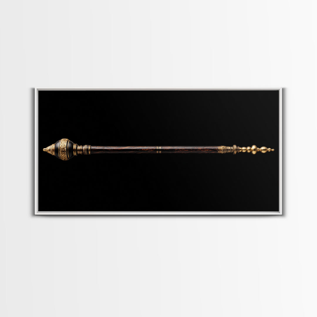 Ornate African Ceremonial Staff Wall Art, Tribal Artifact Canvas Print, Black Gold Scepter, Cultural Statement Decor Gift