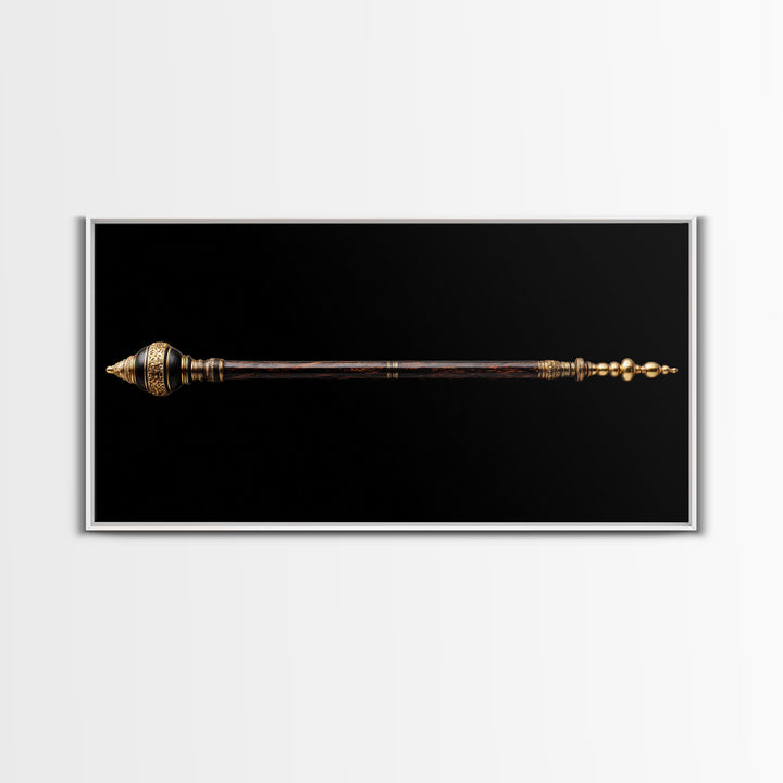 Ornate African Ceremonial Staff Wall Art, Tribal Artifact Canvas Print, Black Gold Scepter, Cultural Statement Decor Gift