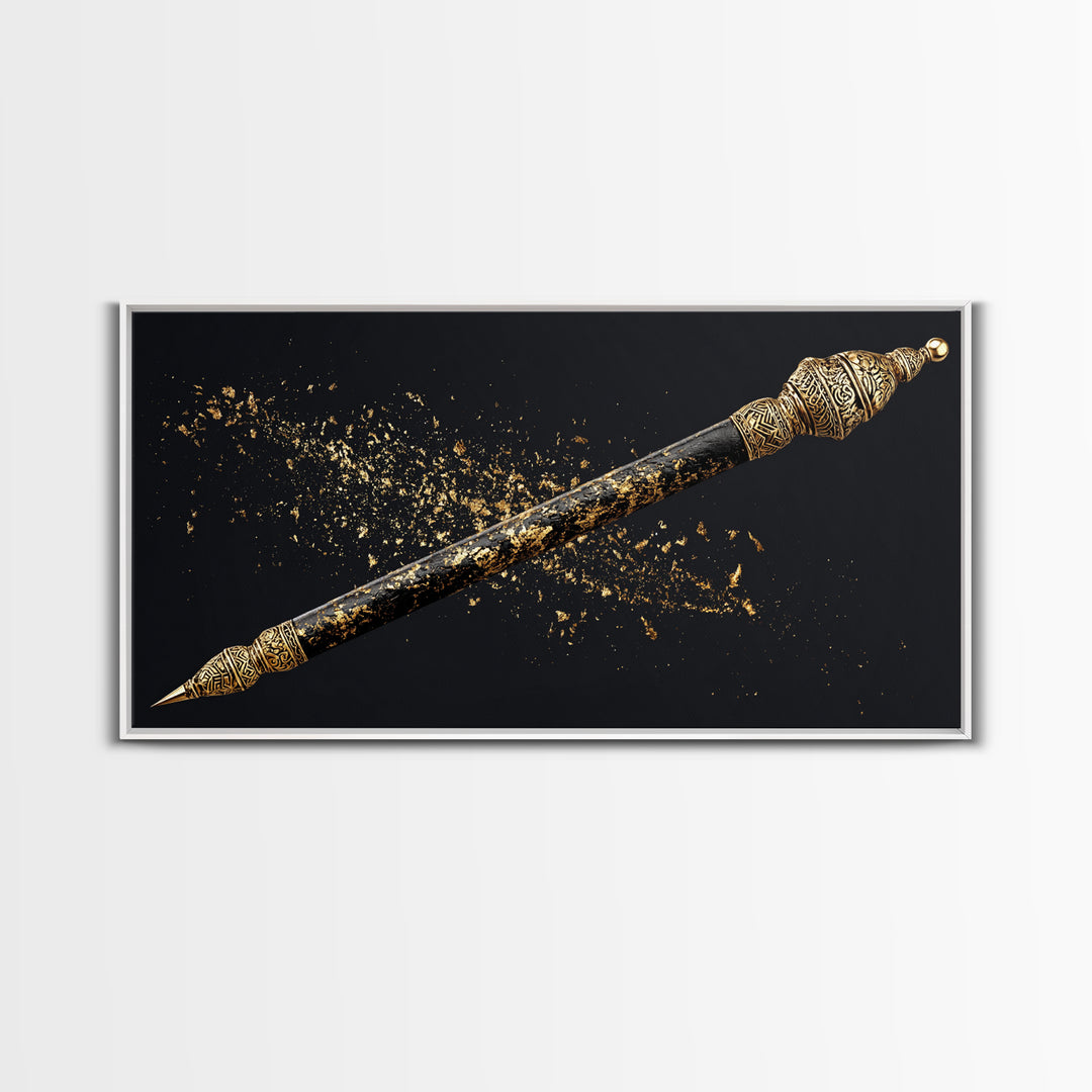 Ornate Black Gold Ceremonial Spear Canvas Print, African Warrior Art, Tribal Wall Decor, Afrocentric Luxury Home Decor Gift