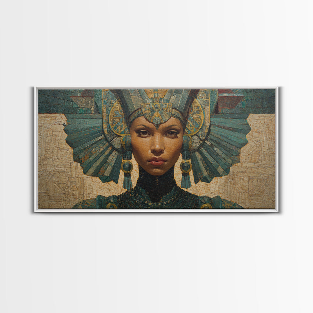 Regal Egyptian Queen Headdress Canvas Print, African Portrait Wall Art, Teal Gold Cultural Decor, Goddess Home Decor Gift