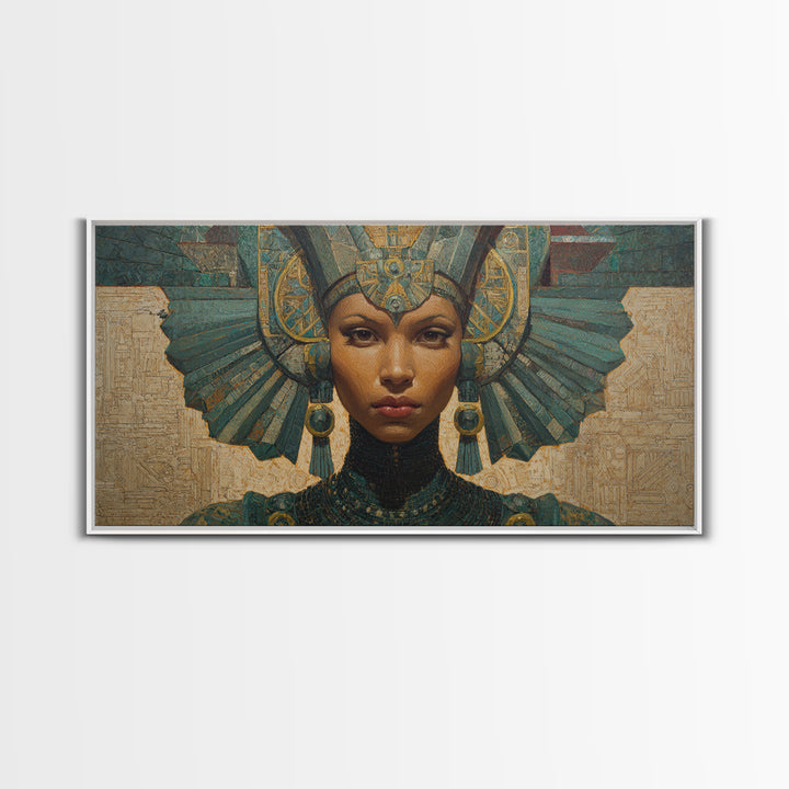 Regal Egyptian Queen Headdress Canvas Print, African Portrait Wall Art, Teal Gold Cultural Decor, Goddess Home Decor Gift