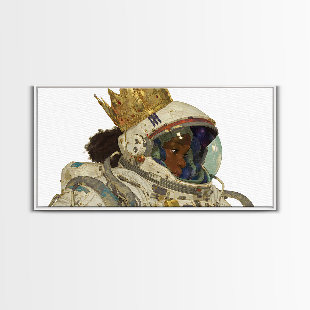 Crowned Black Girl Astronaut Framed Canvas Print, Afrofuturism Wall Art, Black Queen Portrait, Space Galaxy Home Decor Gift
