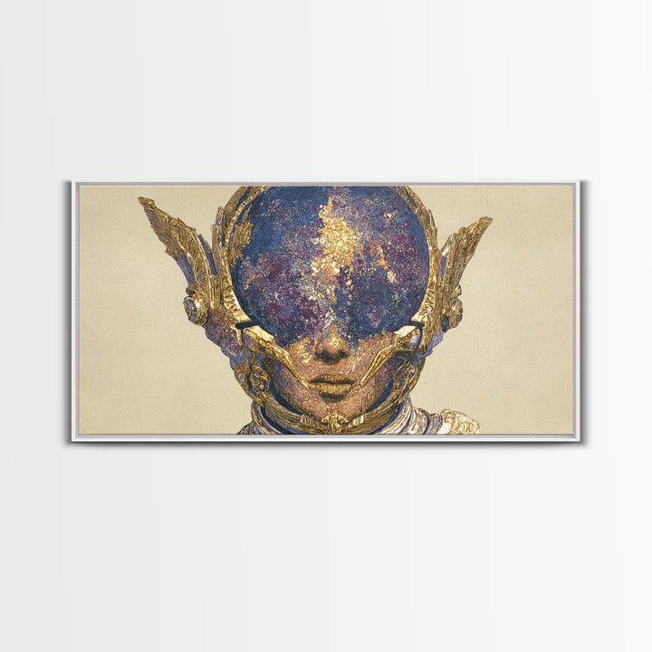 Cosmic Gold Goddess Face Wall Art, African Abstract Portrait, Mystical Afrocentric Decor, Fantasy Figure Luxury Canvas Print