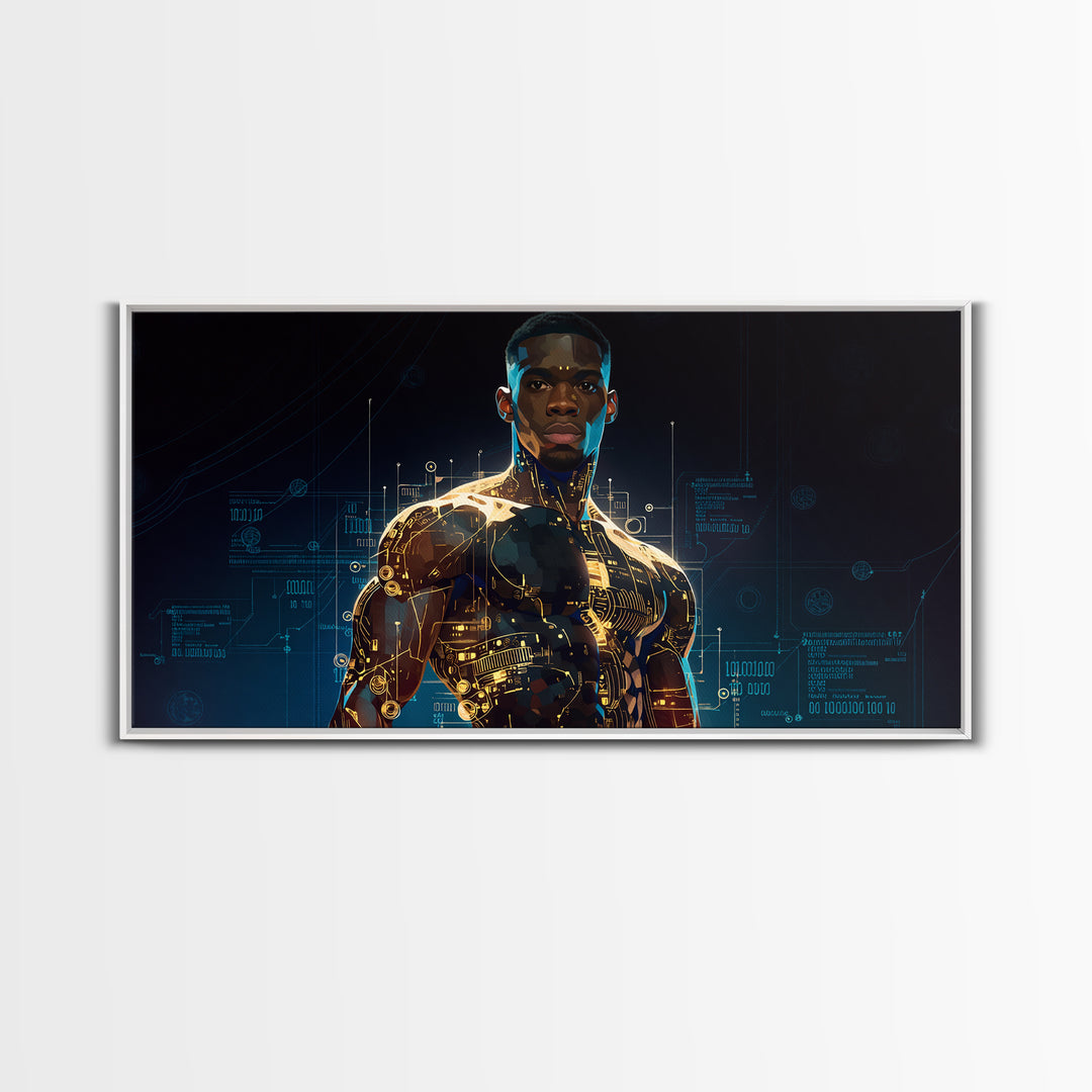 Powerful Black Cyborg Warrior Wall Art, Afrofuturism Decor, African American Art, Futuristic Tech Portrait Canvas Print Gift
