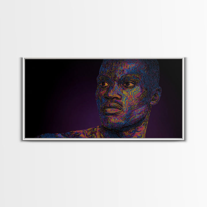 Neon Pointillist Black Man Portrait Canvas Print, African American Wall Art, Digital Afro Art, Modern Masculine Home Decor
