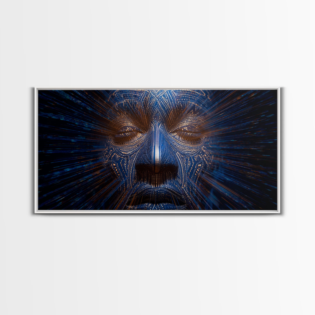 Blue Orange Digital Tribal Face Wall Art, African Mask Art, Afrofuturism Decor, Abstract Black Art, Statement Canvas Print