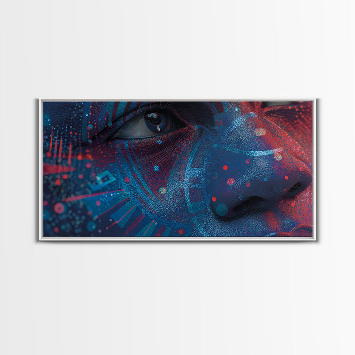 Blue Red Afro Futurist Face Close Up Wall Art, African Portrait, Black Beauty Art, Tribal Art Decor, Modern Canvas Print
