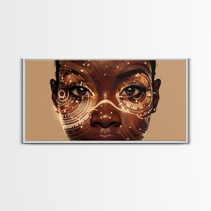 Golden Circuit African Woman Portrait Framed Canvas Print, Black Female Art, Afrocentric Wall Art, Luxury Canvas Art Decor