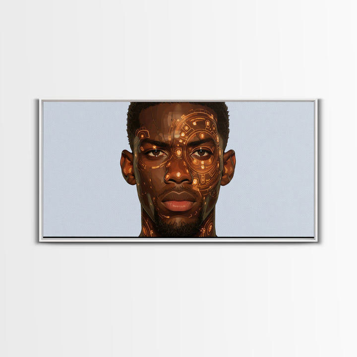 Orange Cyber Tribal Black Man Portrait Wall Art, African Portrait, Black Man Wall Art, Afrocentric Decor, Modern Canvas Art