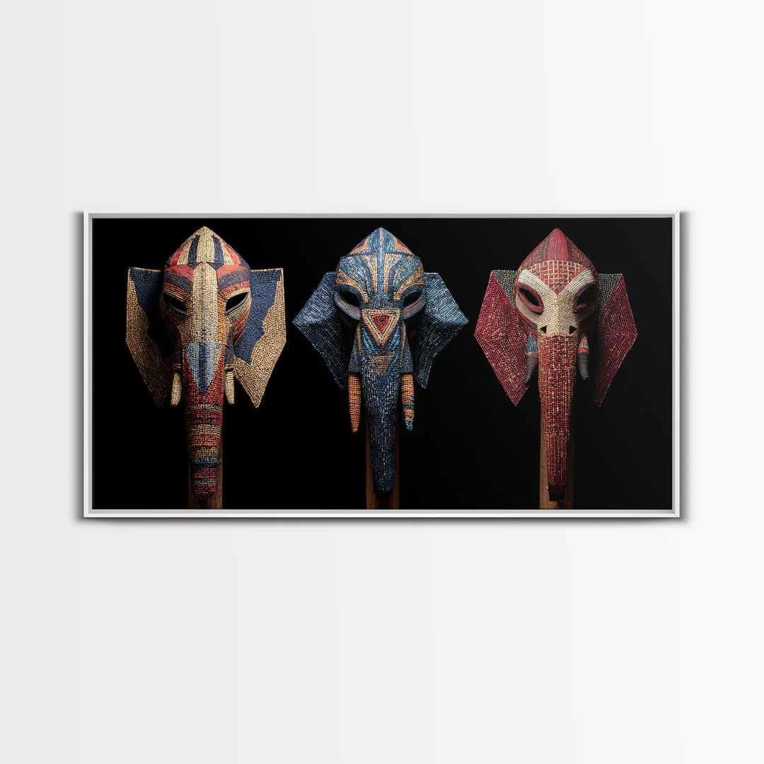 Three Beaded Elephant Tribal Masks Framed Canvas Print, African Mask Art, Safari Wall Art, Colorful African Art Decor Gift