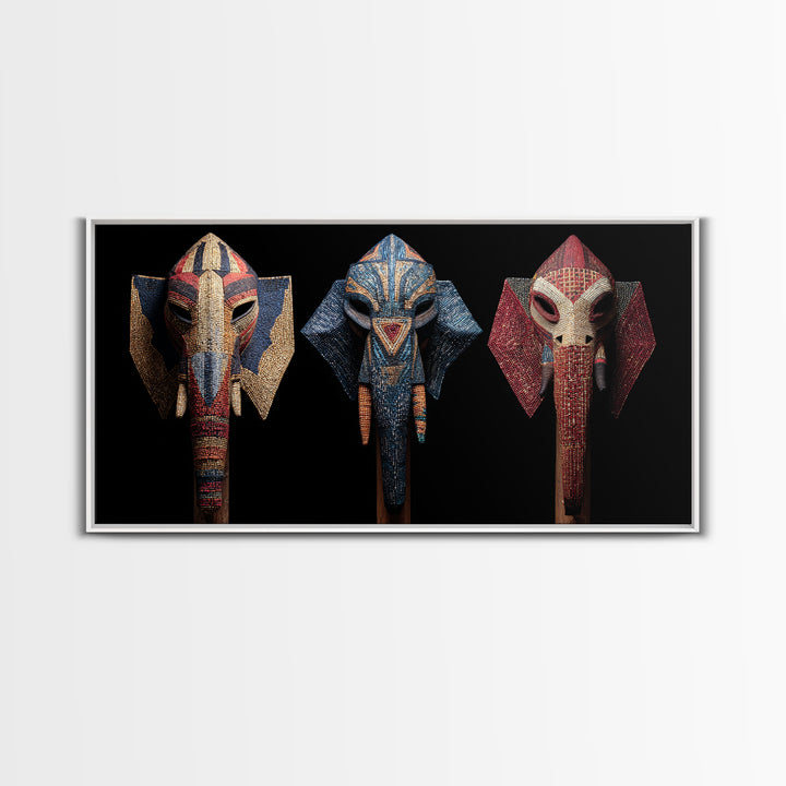 Three Beaded Elephant Tribal Masks Framed Canvas Print, African Mask Art, Safari Wall Art, Colorful African Art Decor Gift