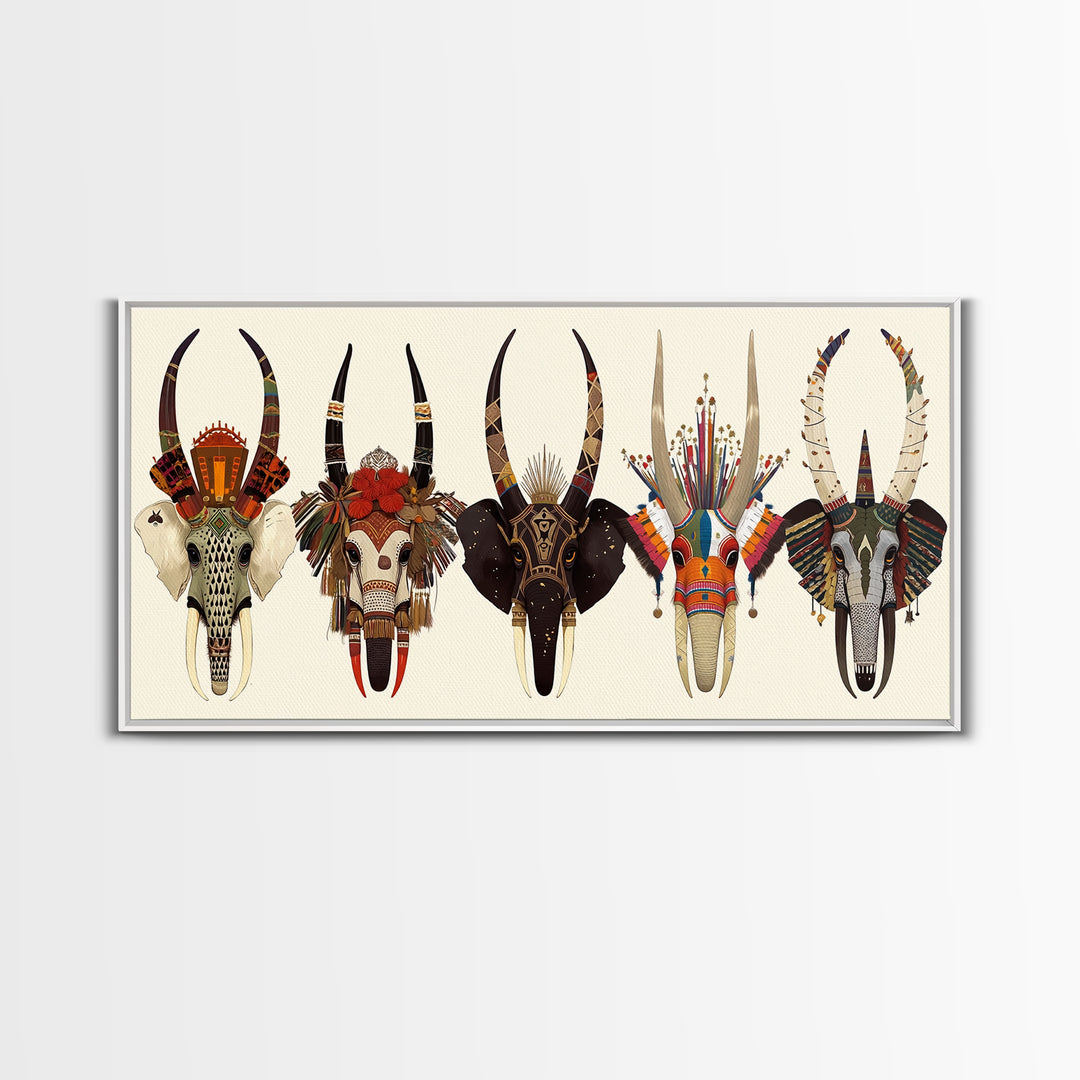 Horned African Animal Skull Masks Wall Art, Tribal Mask Art, African Safari Art, Cultural Wall Decor, Statement Piece Gift