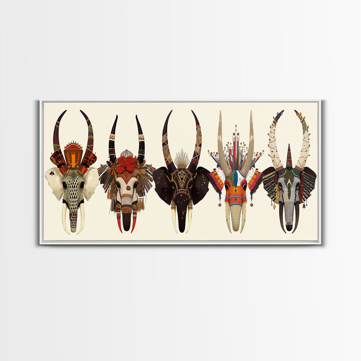 Horned African Animal Skull Masks Wall Art, Tribal Mask Art, African Safari Art, Cultural Wall Decor, Statement Piece Gift