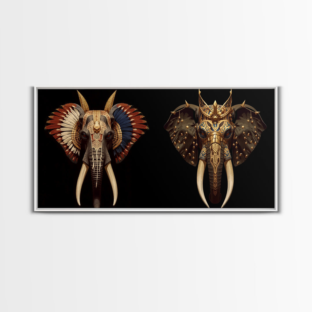 Ornate African Elephant Mask Wall Art, Gold Tribal Safari Decor, Afrocentric Animal Artwork, Luxury Canvas Print For Home