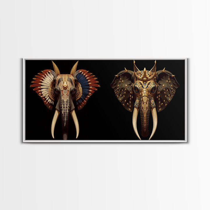 Ornate African Elephant Mask Wall Art, Gold Tribal Safari Decor, Afrocentric Animal Artwork, Luxury Canvas Print For Home