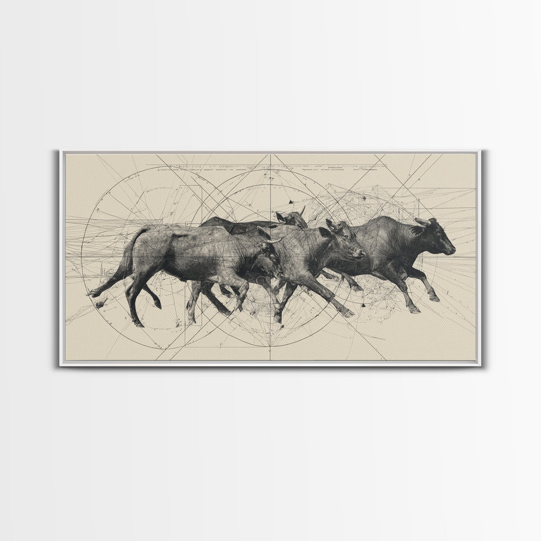 Running African Cattle Sketch Wall Art, Beige Ink Herd Drawing, Rustic Farmhouse Decor, Textured Canvas Print For Office