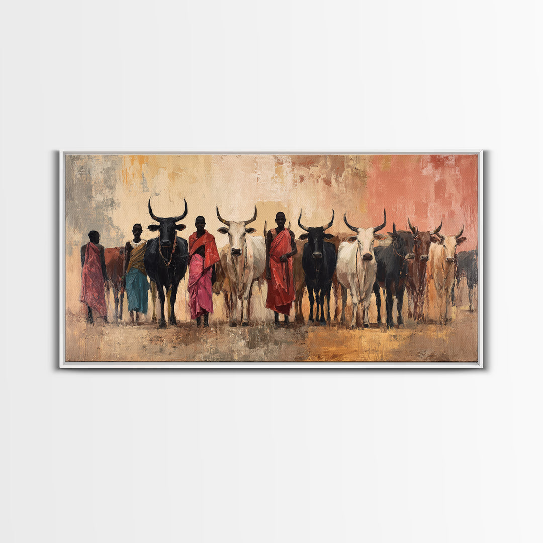 Maasai Herders With Longhorn Cattle Framed Canvas Print, African Safari Wall Art, Earth Tone Tribal Living Room Decor Gift