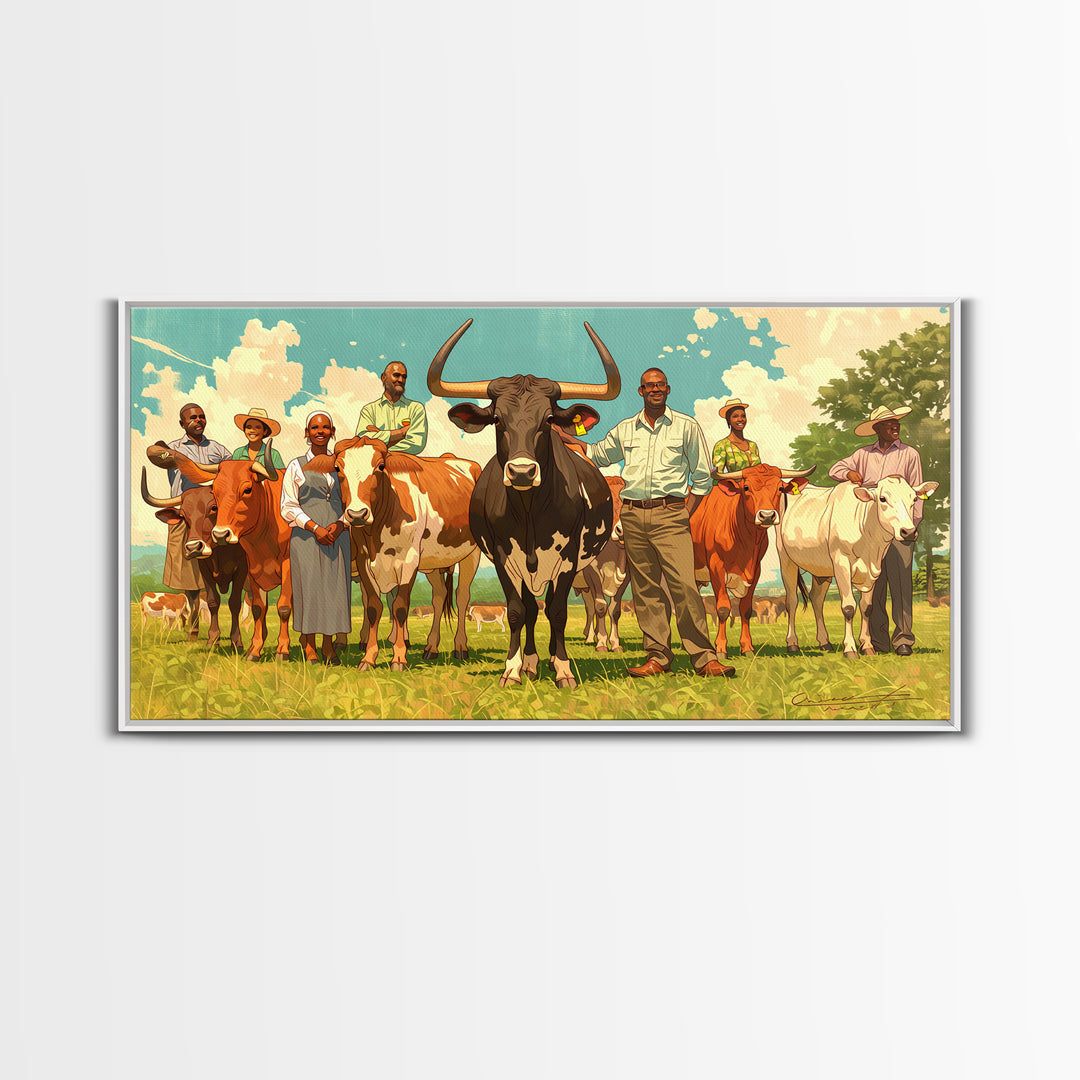 African Family With Cattle Wall Art, Sunny Pasture Portrait, Afrocentric Farm Decor, Vibrant Canvas Print For Living Room