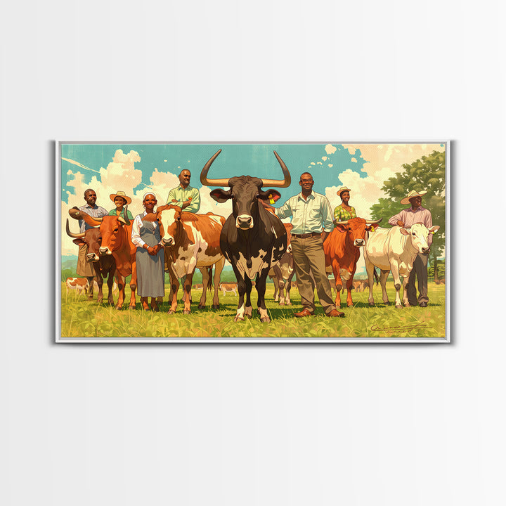 African Family With Cattle Wall Art, Sunny Pasture Portrait, Afrocentric Farm Decor, Vibrant Canvas Print For Living Room