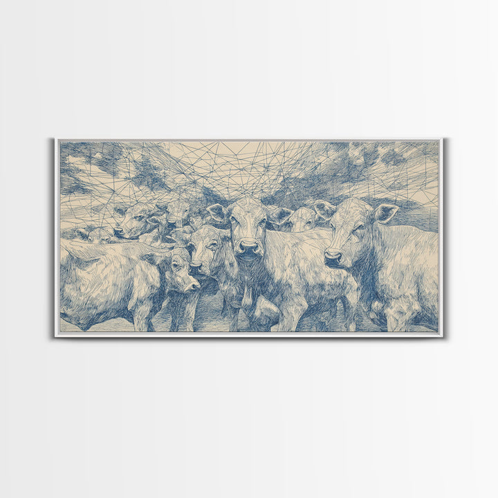 Blue Ink Cattle Herd Wall Art, African Pastoral Drawing, Geometric Farm Animal Decor, Minimalist Canvas Print For Office