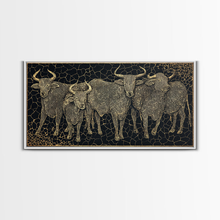 Gold Line Cattle Herd Wall Art, Black Mosaic Tribal Animal Illustration, African Farm Decor, Premium Canvas Print For Home
