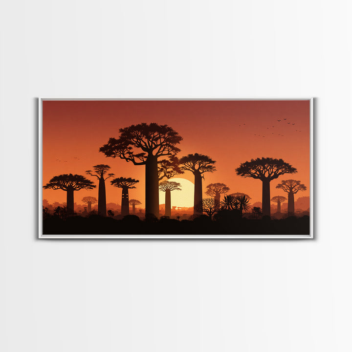 Baobab Trees At Orange Sunset Wall Art, African Landscape Silhouette, Madagascar Safari Decor, Warm Canvas Print For Home